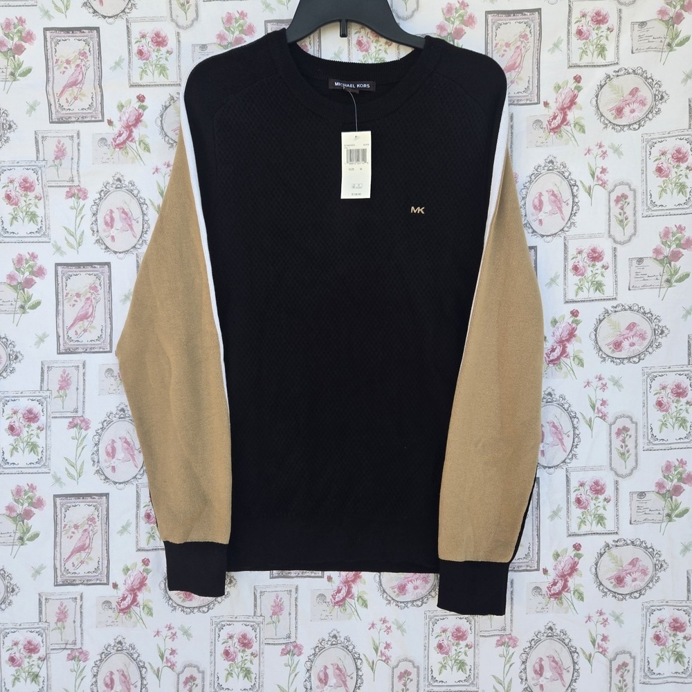 New Michael Kors Mens MK Logo Black Tan Knit Pullover‎ Sweater Size Medium